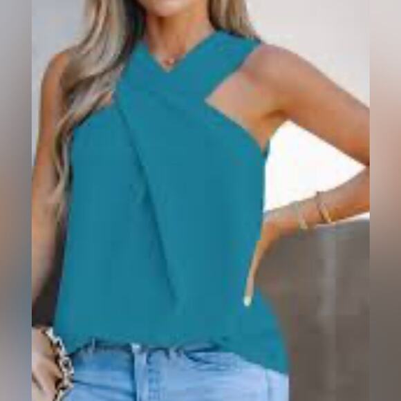 Woman’s Cupshe Crossover Neck Aqua Blouse Blue Size Large - Picture 1 of 7